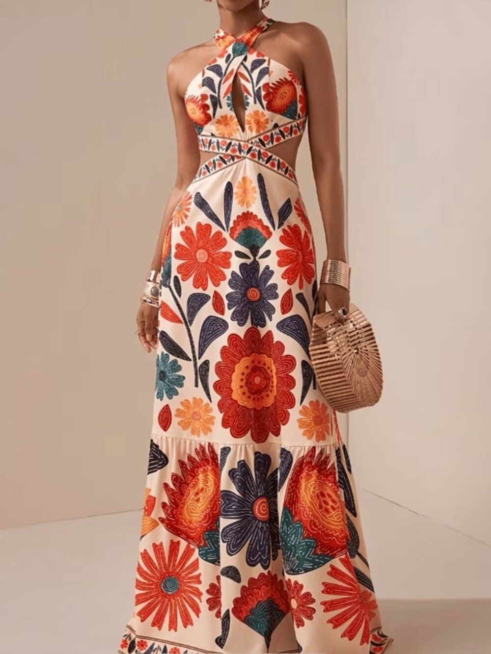Women'S Elegant Floral Print Cross-Neck Back Tie Sleeveless Back Waist Ruched
